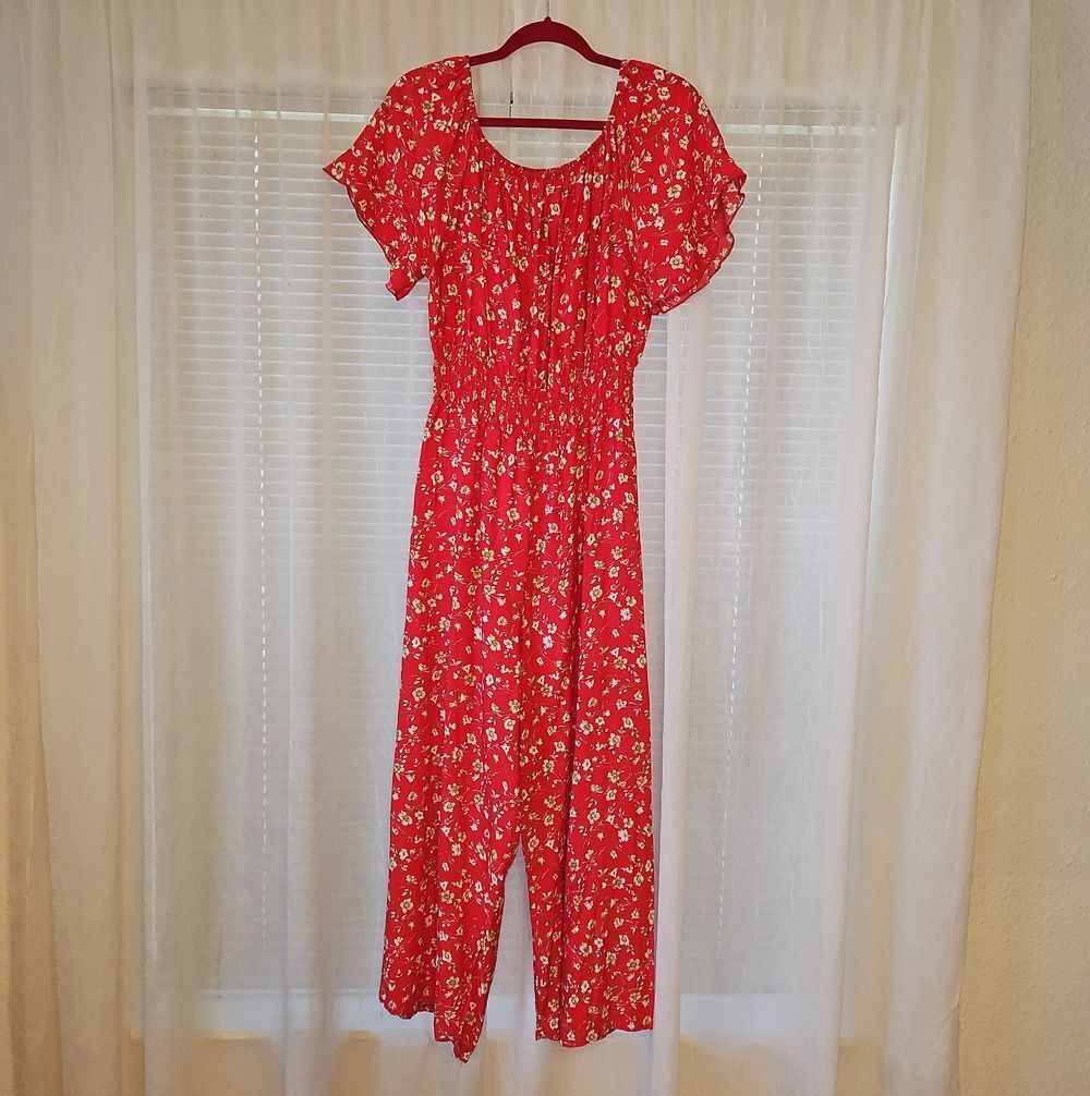 Kindred Contemporary Styled Red Floral Smocked-Waist Jumpsuit